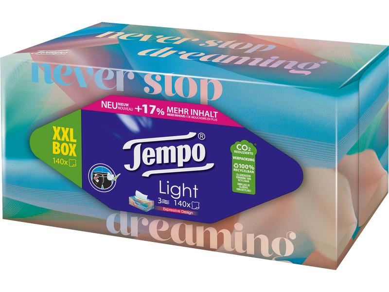 Tempo Taschentücher-Box XXL Light 3-lagig 140 Stück Waschmaschinenfeste Taschentücher fürs Haus oder Büro