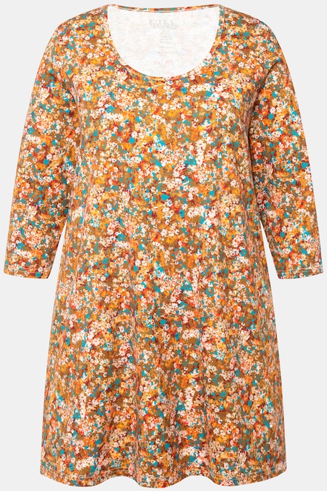 Longshirt, Blüten, A-Linie, Rundhals, 3/4-Arm