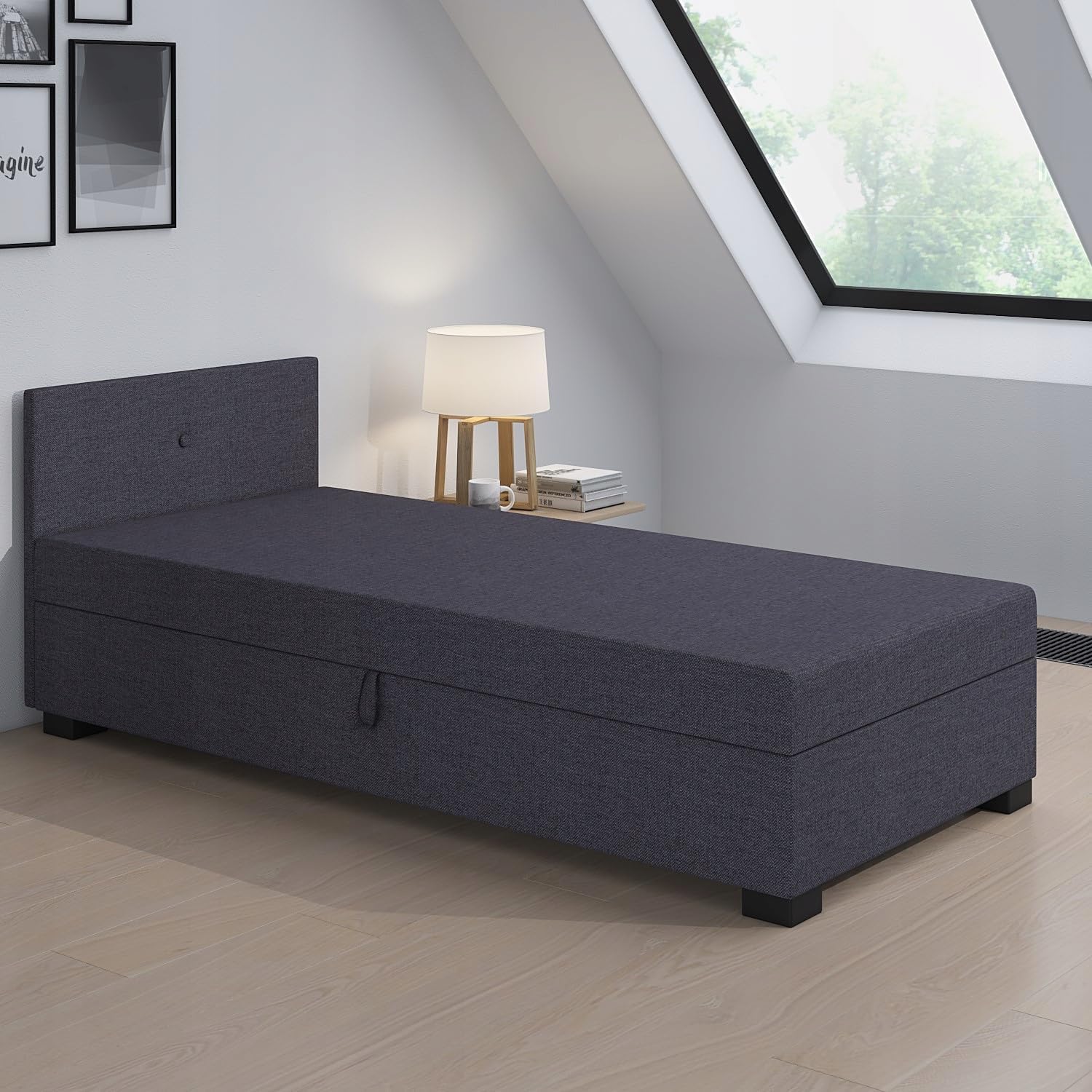 Boxspringbett Lola 120x200x38 cm mit Schaumstoff Matratze, Bett mit Matratze, Polsterbett mit Bettkasten, Gepolstertes Einzel Bett, Schlafsofa - Dunkelgrau