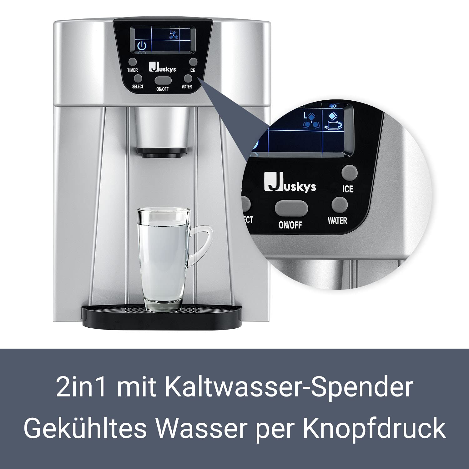 Juskys® Eiswürfelmaschine PIM200L mit 2in1 Direkt-Spender & Timer — bis 12kg / Tag, Eiswürfel in 6-10 Minuten, 2 Größen, 2L Tank — Eiswürfelbereiter silber