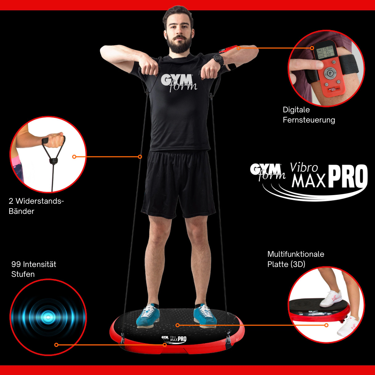 Vibromax Pro Fitness Vibrationsplatte Körper Massagegerät inkl. Widerstandsbänder / Fernbedienung - Schwarz / Rot