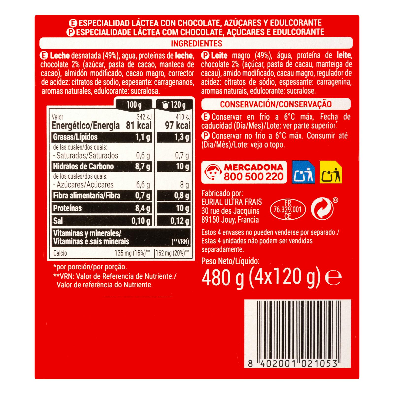 Crème anglaise au chocolat + Protéines Hacendado 1,3 g mg 10 g de protéines