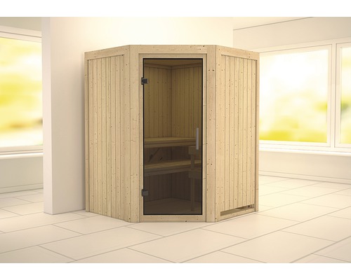 Karibu Larina modulaire sauna zonder oven en dakrand, met grafietkleurige volledig glazen deur