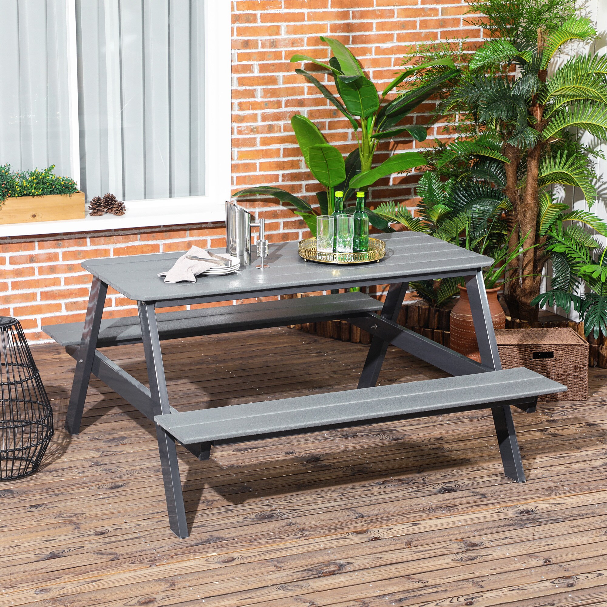 Outsunny Picknick Tisch mit Bank grau 150L x 140B x 47H cm