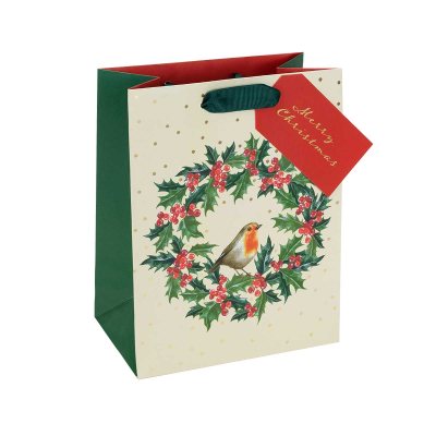 Holly Sprigs And Robins Med Portrait Gift Bag