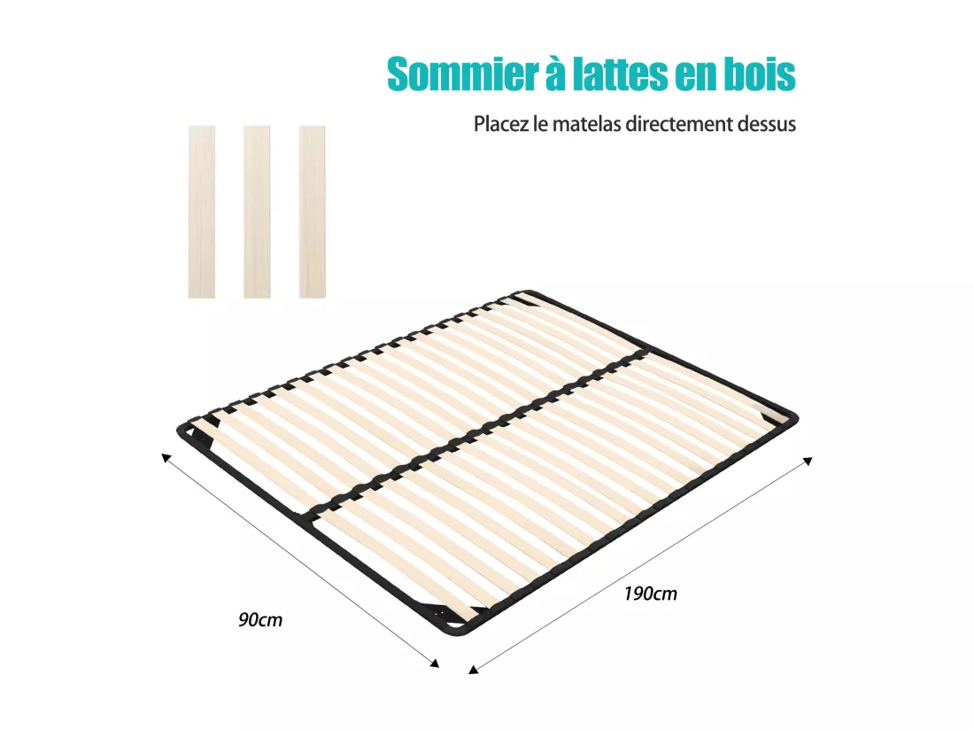 Sommier 140x190cm sans Pied - Sommiers à Lattes en Bois - 2x20 Lattes