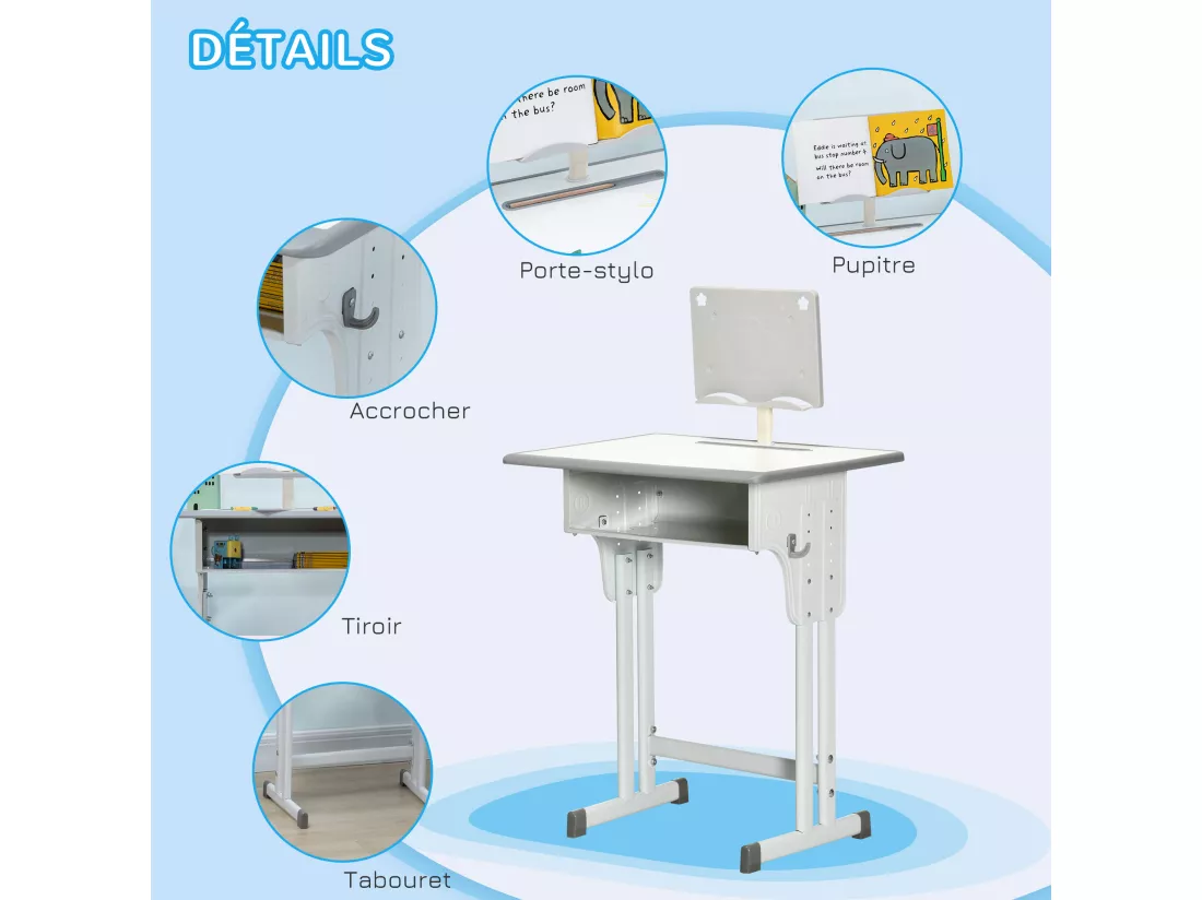 Bureau enfant avec chaise - ensemble bureau et chaise réglable - support de lecture, case - gris blanc