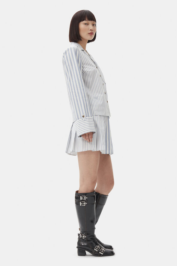 Ganni Stripe Cotton Pleated Mini Skirt Egret