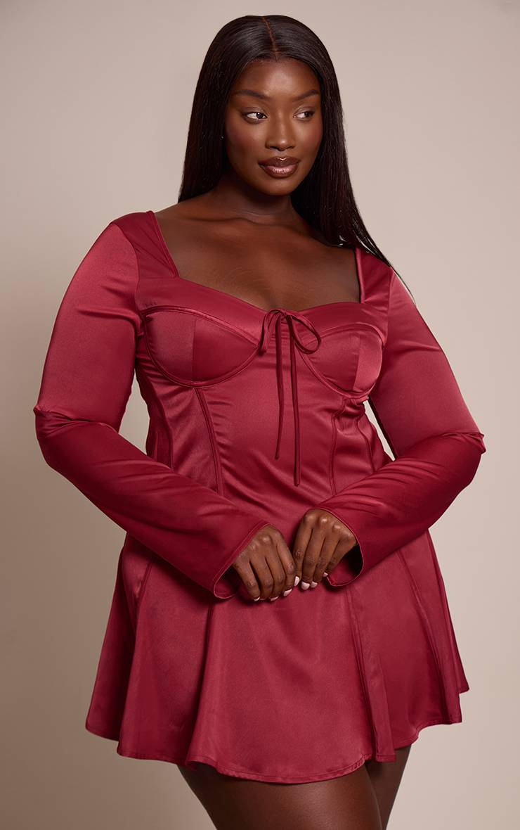 Rouge Bordeaux Robe Courte Grande Taille En Satin À Manches Longues