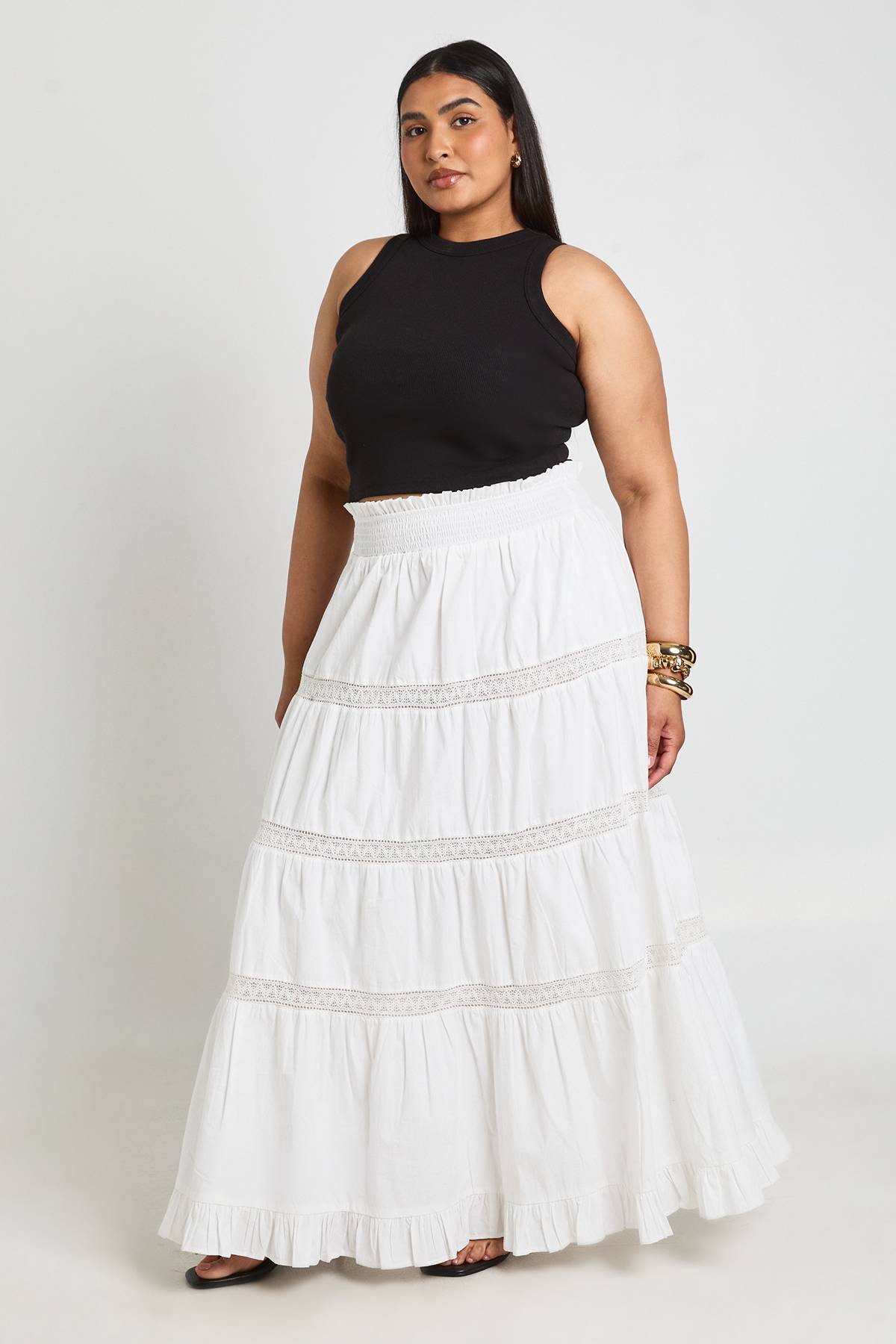 boohoo Jupe Longue Évasée En Popeline Grande Taille Avec Détails En Dentelle