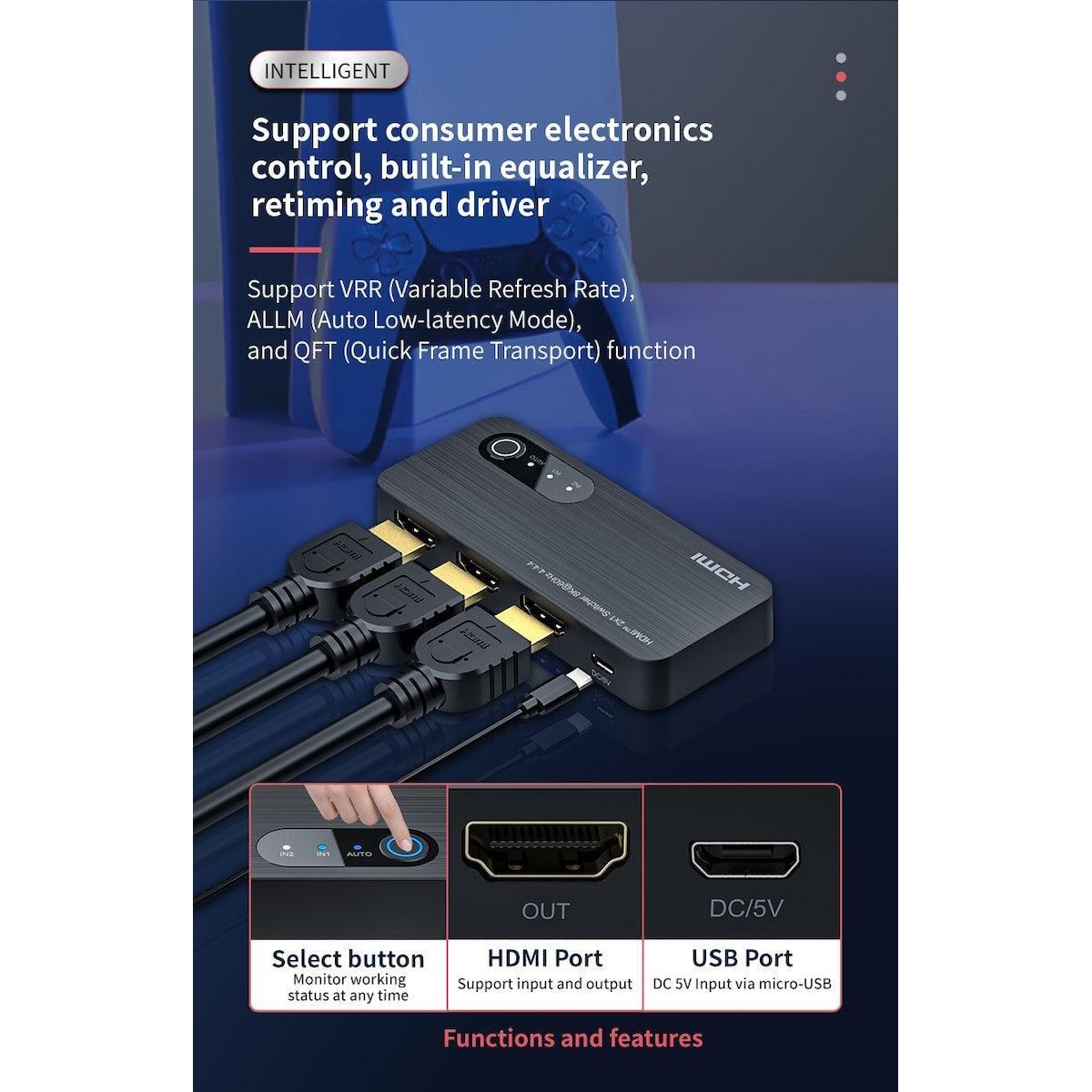 NÖRDIC HDMI-svitsj 2 til 1 8K60Hz 4K120Hz 48Gbps HDR HDCP2.3 Surround 7.1 CEC