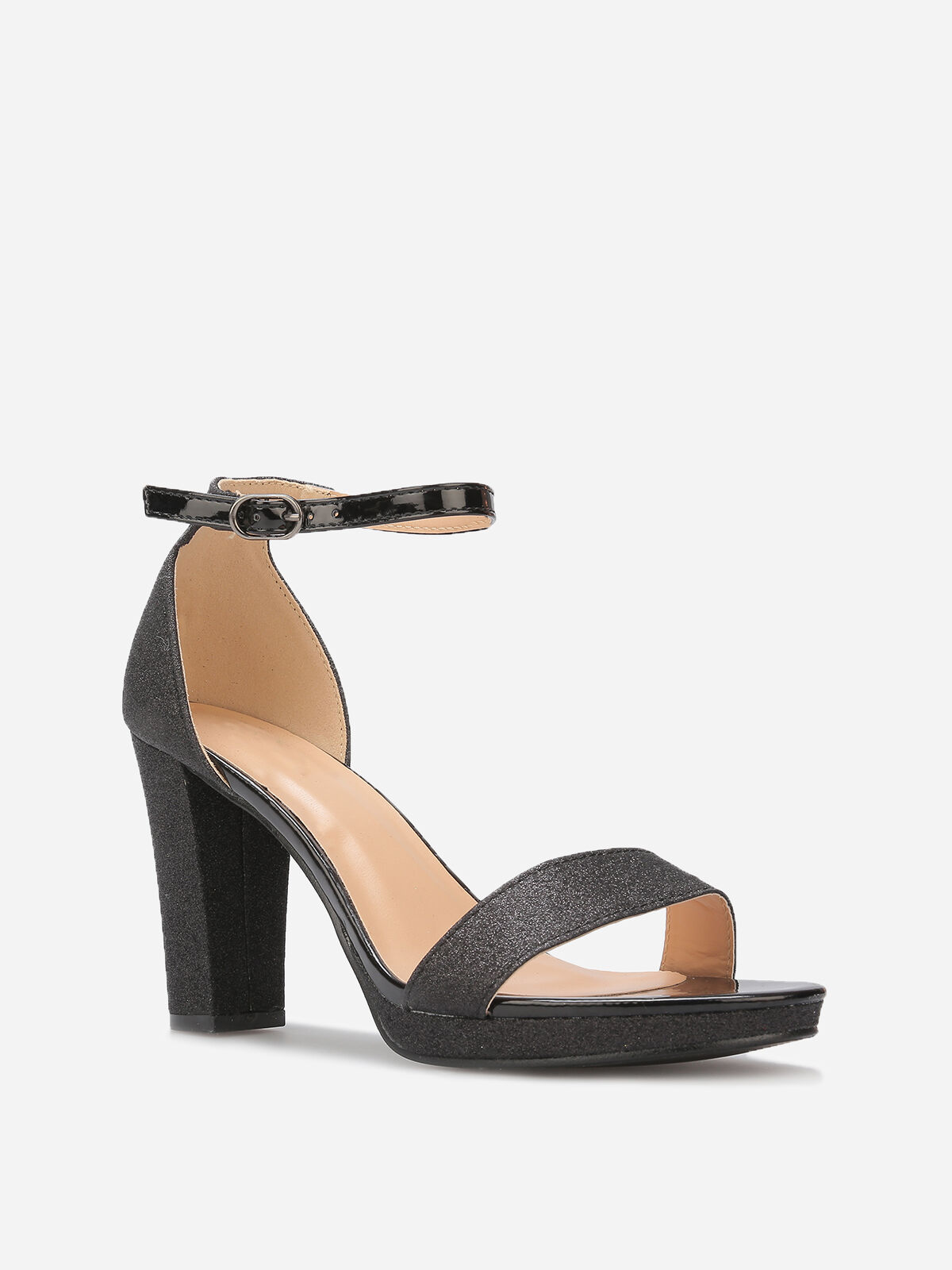 Sandales pailletées et vernies à talon- Noir