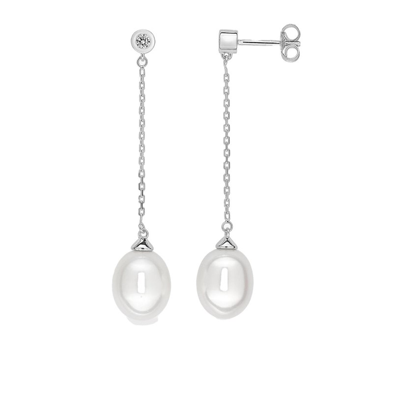 Boucles d'oreilles pendantes Femme - Or 18 Carats - Perle et Diamant 0,07 Carats