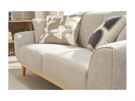 Canapé scandinave 3 places en tissu effet velours texturé beige et bois clair FREEMA
