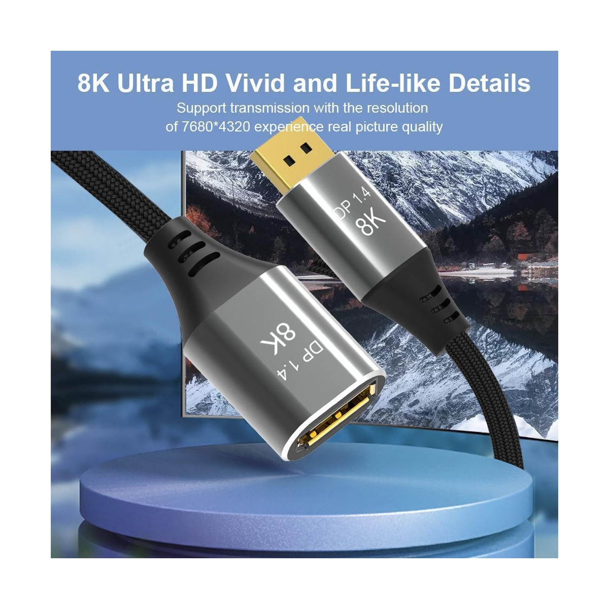 NÖRDIC 50 cm Displayport 1.4 skjøtekabel UHD 8K60Hz 4K144Hz 32.4Gbps 10-bit HDR