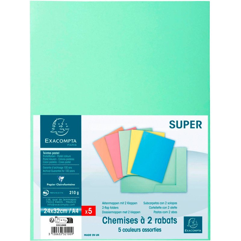 Chemise dossier 2 rabats Super Exacompta 24 x 32 cm couleurs assorties - Paquet de 5