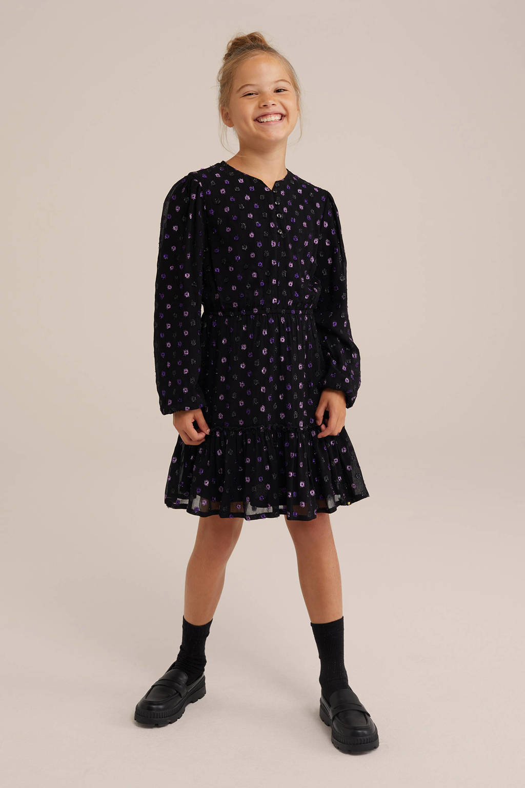 WE Fashion blousejurk met stippen en glitters zwart/paars