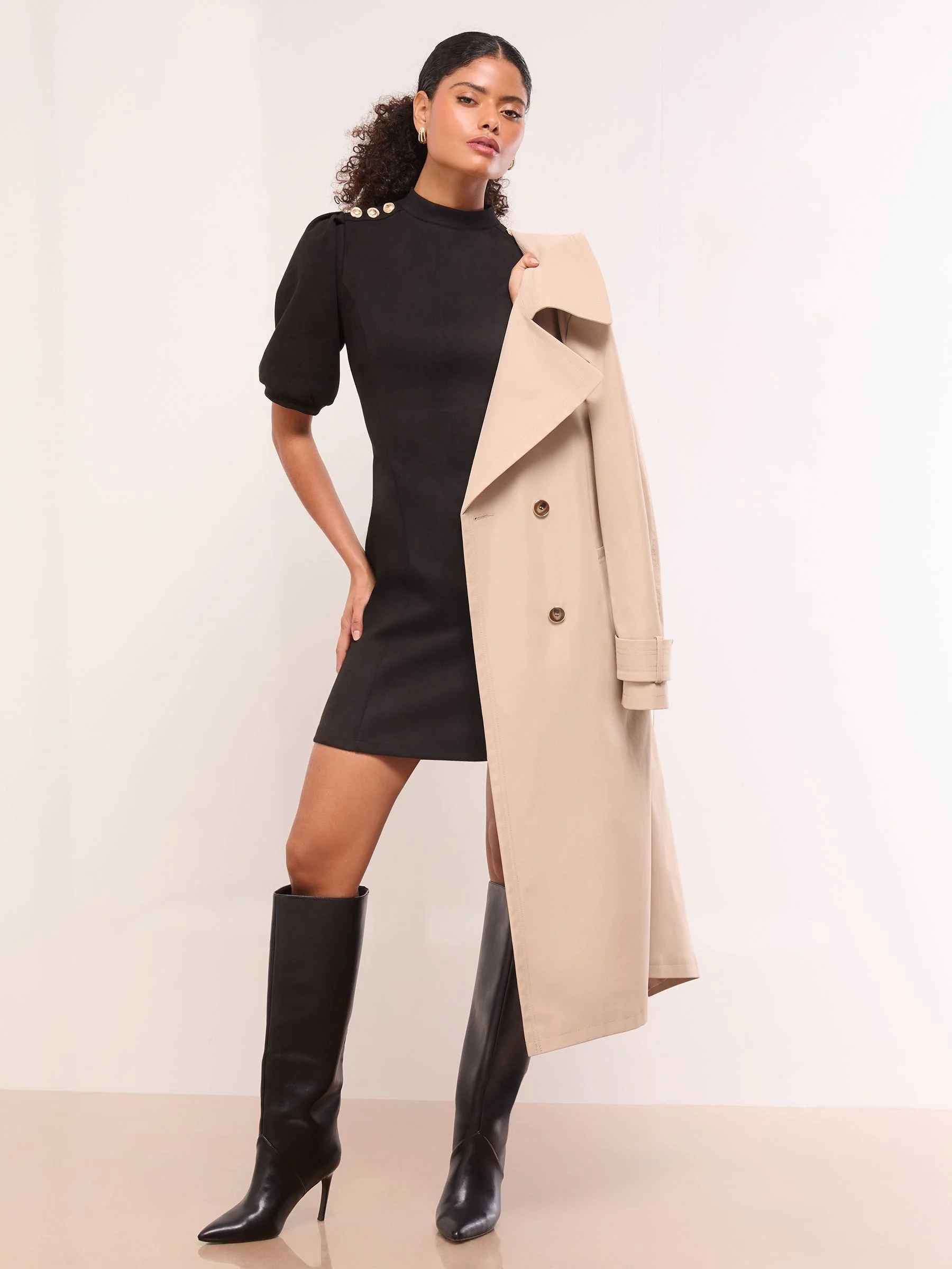 Lipsy Faux Suede Puff Sleeve Mini Shift Dress with Gold Buttons