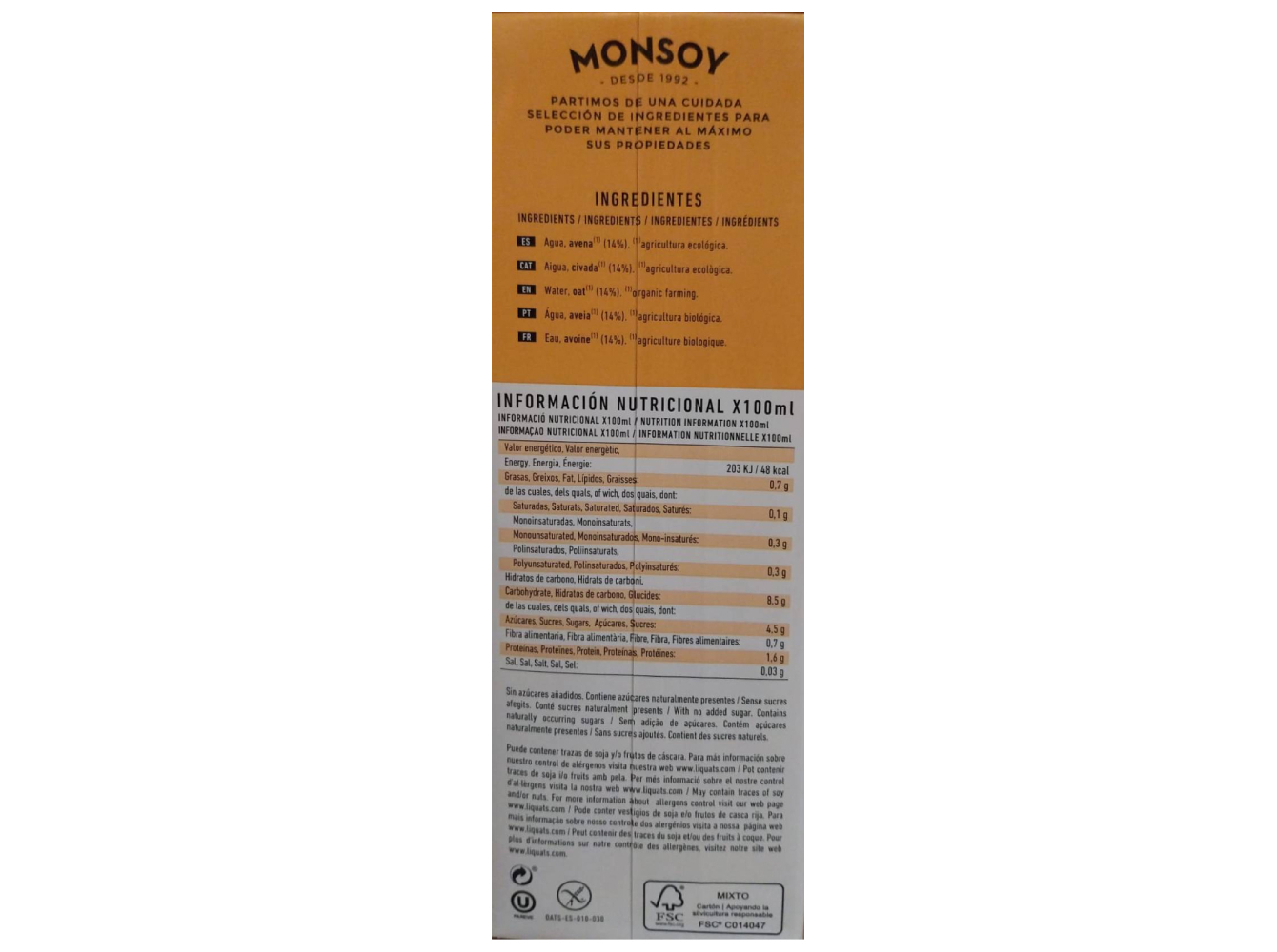 BEBIDA AVEIA MONSOY AVEIA SEM GLÚTEN BIO 1 L