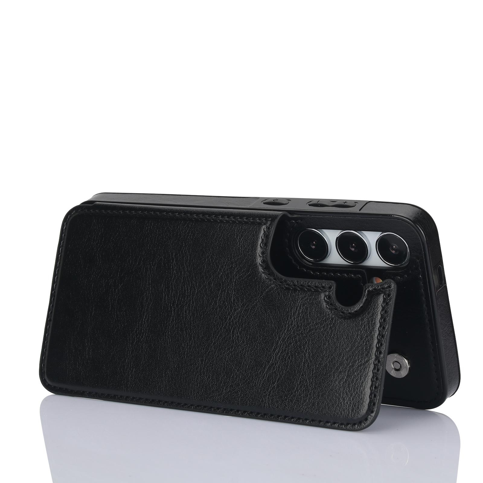 Samsung Galaxy S24 Hybrid Leder Hülle mit Kartenfach   Kickstand Aufsteller - Schwarz