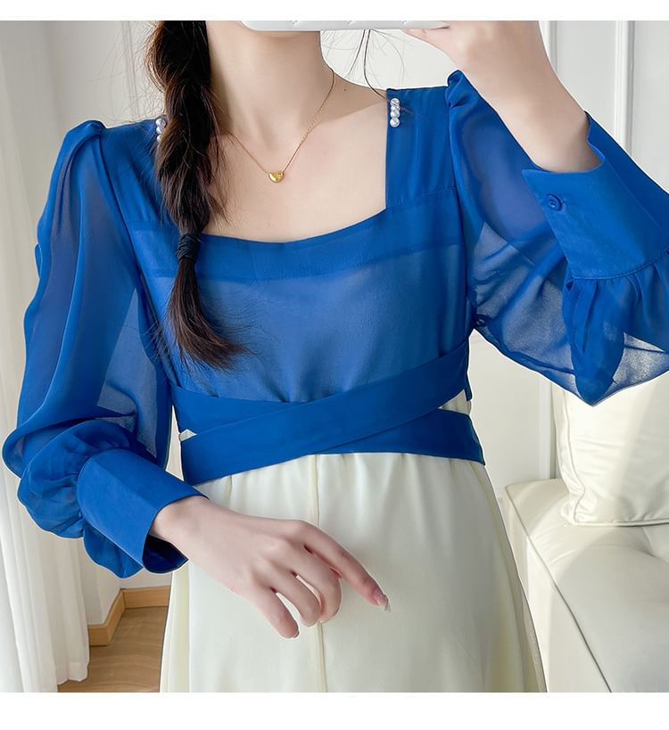 Aestering - Zwangerschapsmock-tweedelige pofmouw-tweekleurige midi-A-lijnjurk