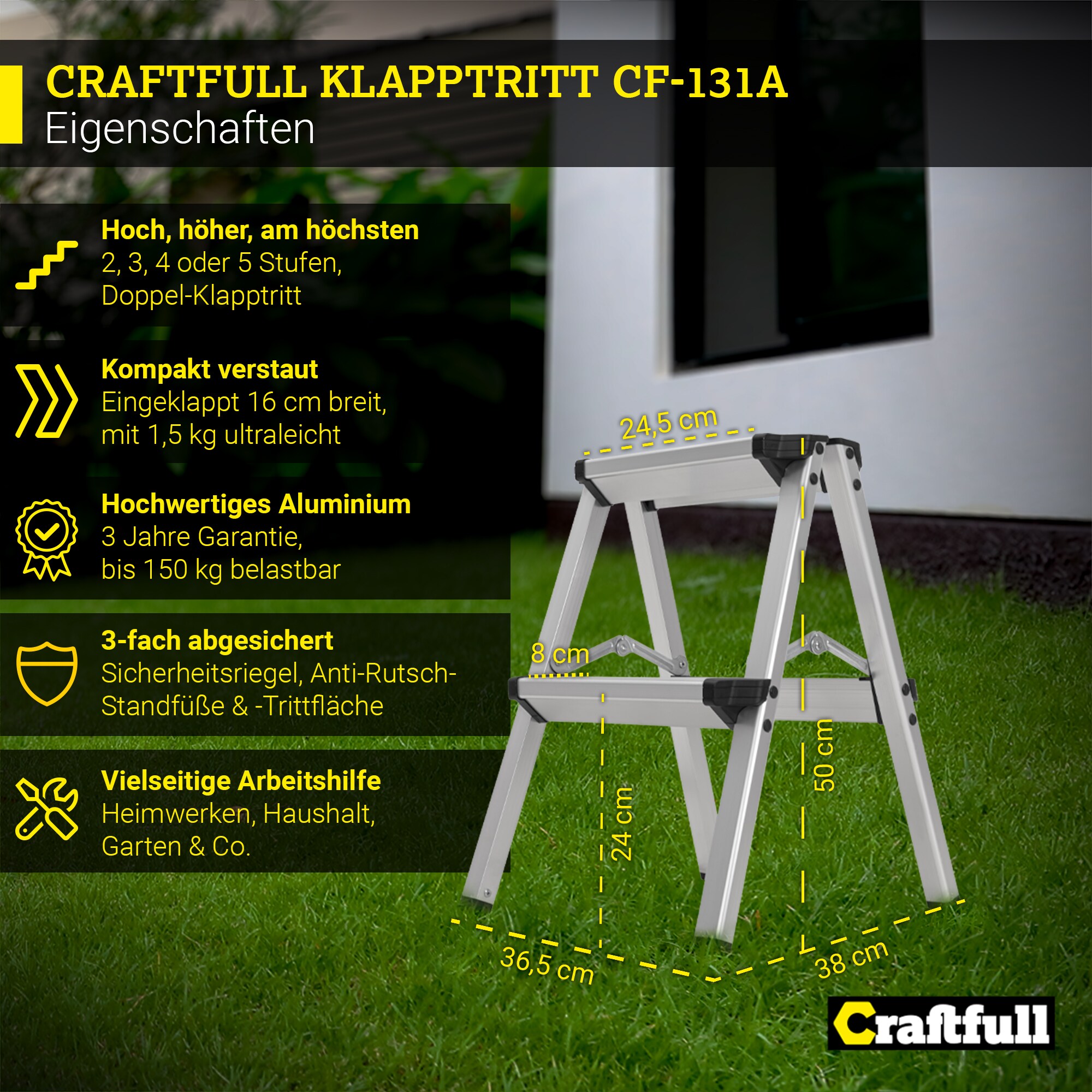 Craftfull Trittleiter CF-131A, 2-5 Stufen, Doppel-Klapptritt aus Aluminium, Anti-Rutsch, klappbar (2 x 2 Stufen)