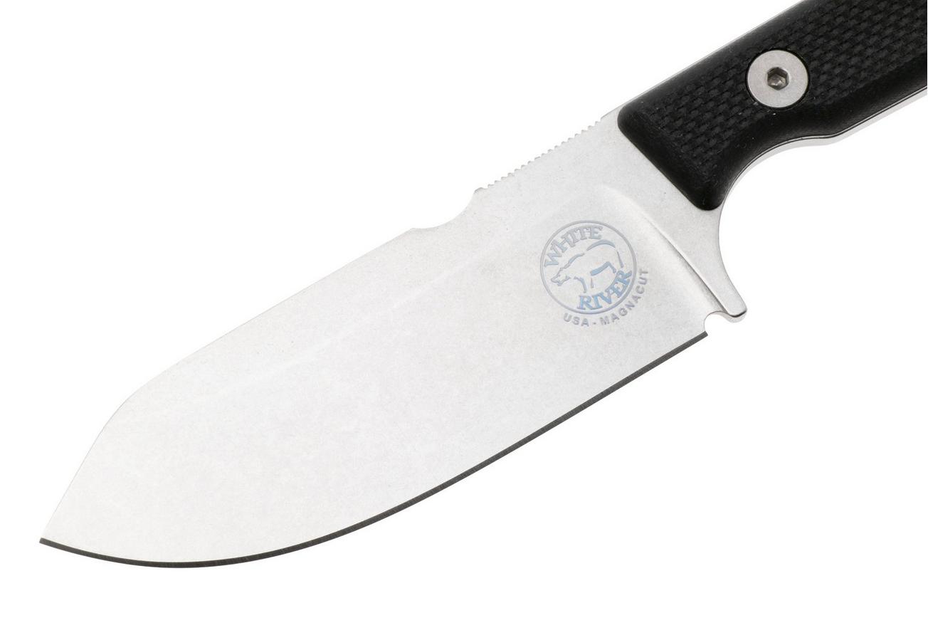 White River Firecraft 3.5 Pro, Stonewashed Magnacut, Black G10, survivalmes, Kydex schede met firesteel