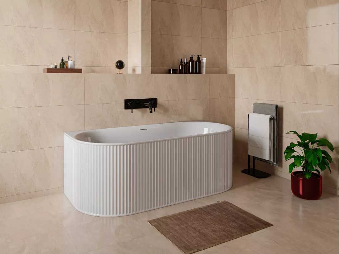 Baignoire semi îlot striée - 290L - 170 x 80 x 60 cm - Blanc mat - Acrylique - BARBORI