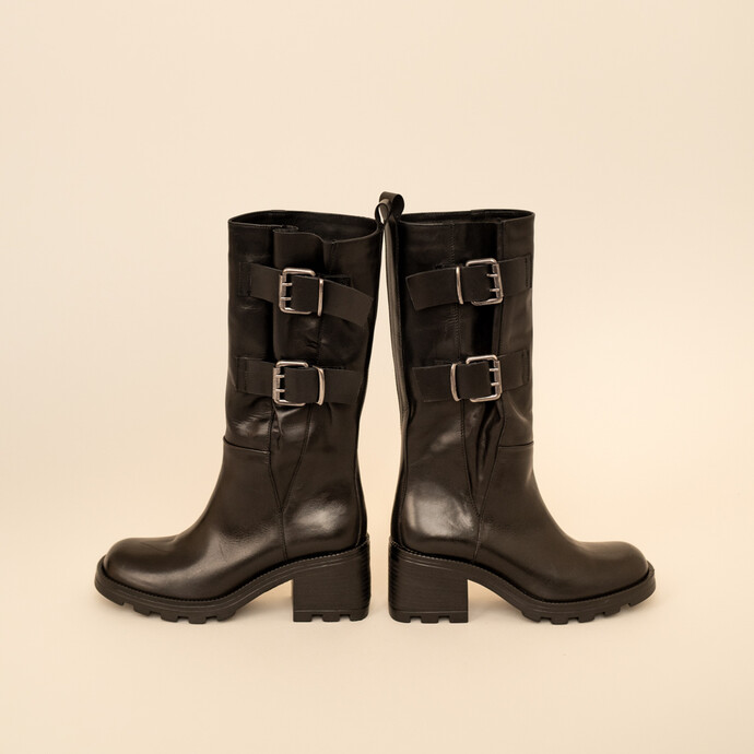 Bottes à talons et boucles latérales  en cuir noir