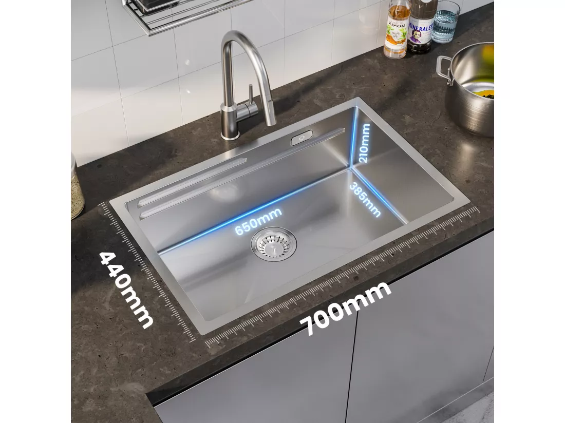 Cecipa max Évier 1 Bac 70×44cm Évier à Encastrer Inox Brossé avec Egouttoir et Vasque + Mitigeur de Cuisine à Ressort avec 3 Modes de Sortie D'eau