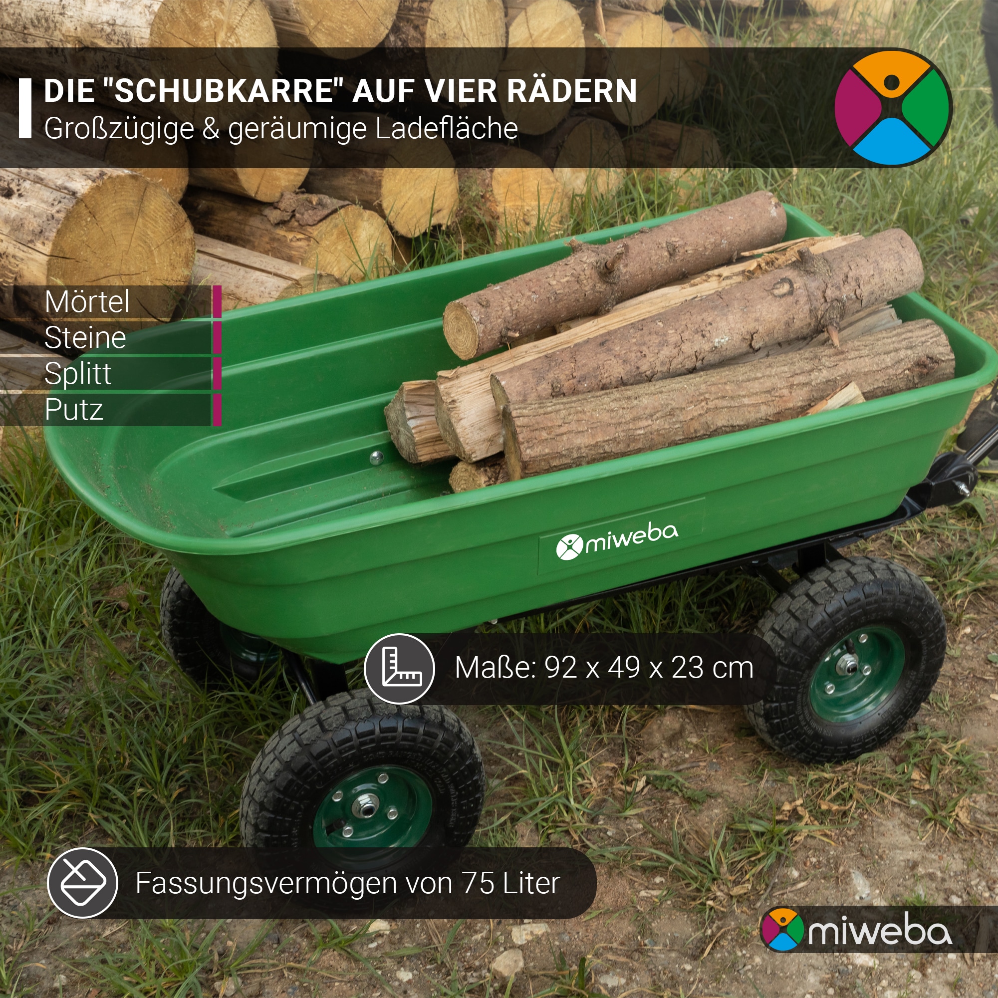 Miweba Bollerwagen Dumper, verriegelbare Kippfunktion, robuste PP-Wanne, Anhängerkupplung, bis 300kg (Grün)