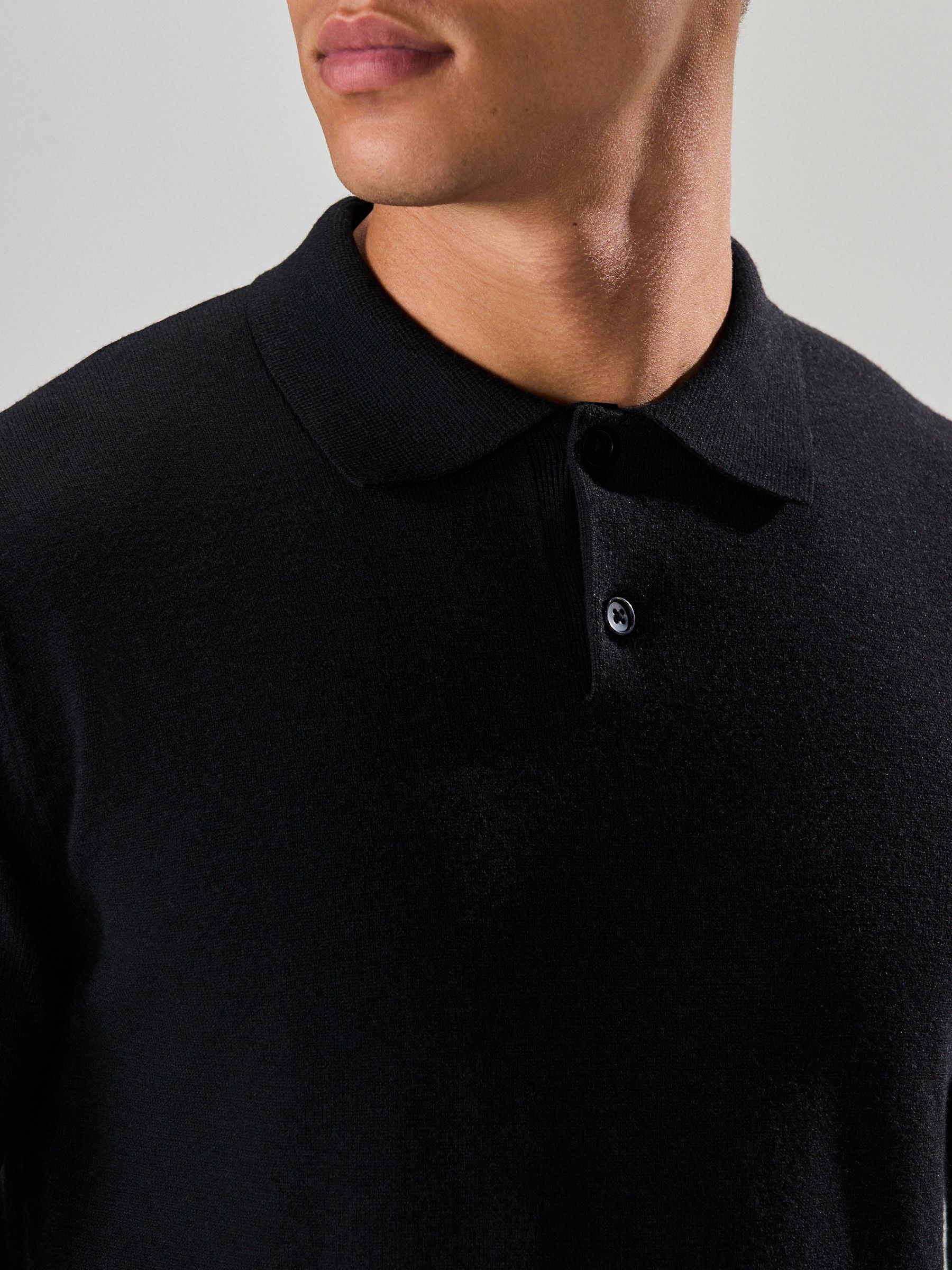 Zwart - Effen - Regular Fit Essential Long Sleeve Knitted Polo Shirt