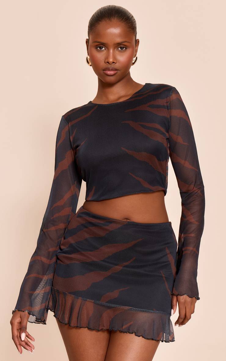 Noir Top En Mesh À Manches Longues Imprimé Zèbre