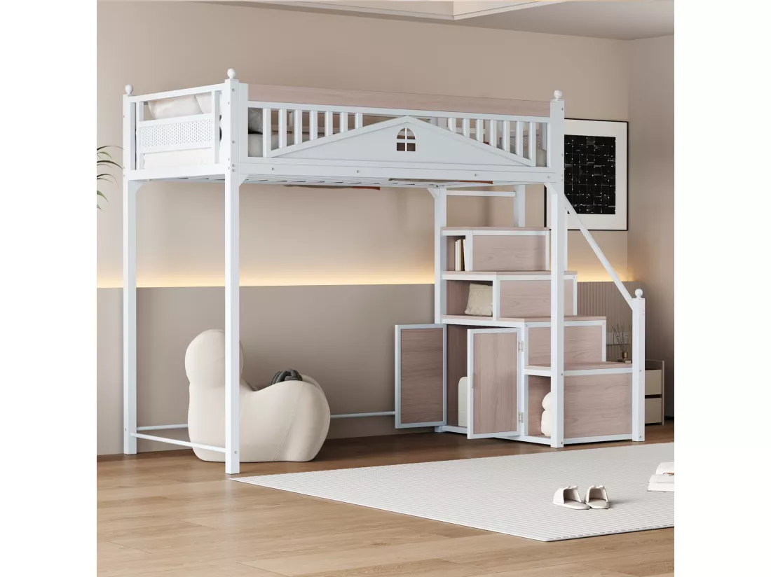 Lit mezzanine 90 x 200 cm avec espace de rangement - Métal + Contreplaqué + MDF - Sommier à lattes - Blanc