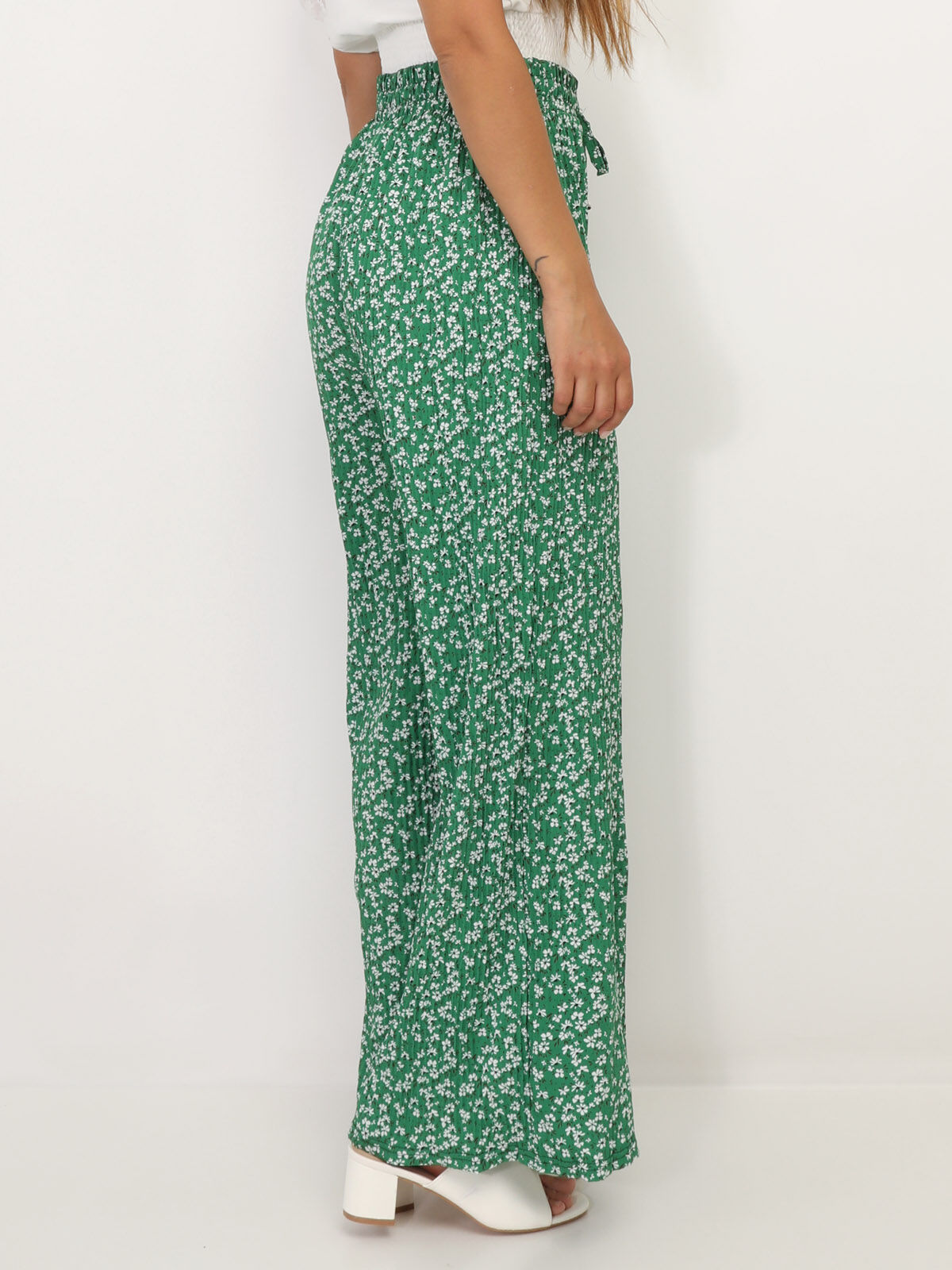 Pantalon plissé à motif floral- Vert