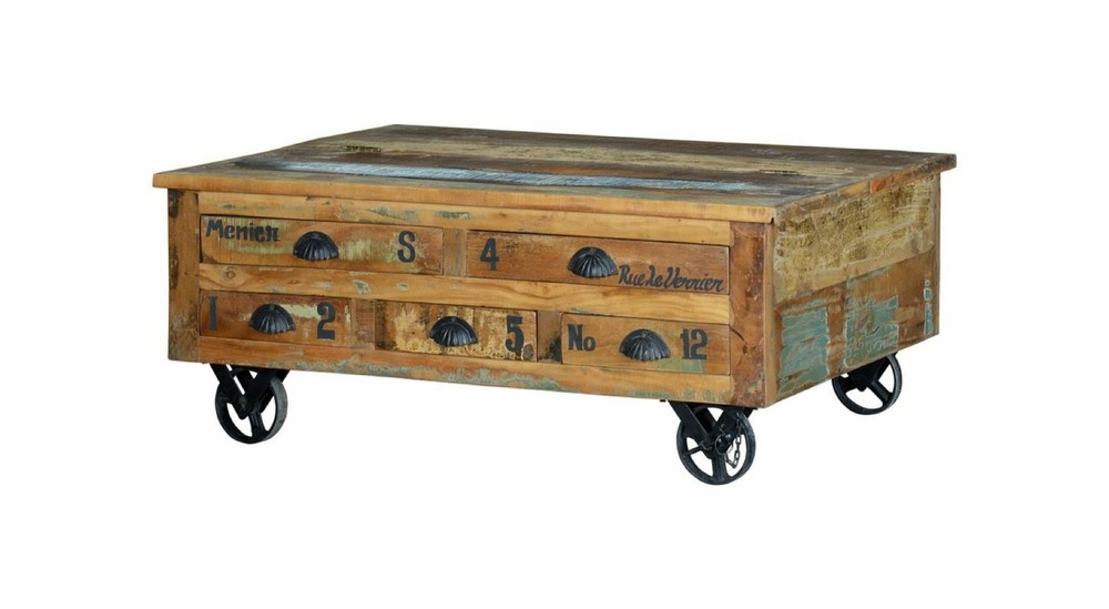 Table basse 5 tiroirs bois, métal marron 110x70x42cm - bois-métal