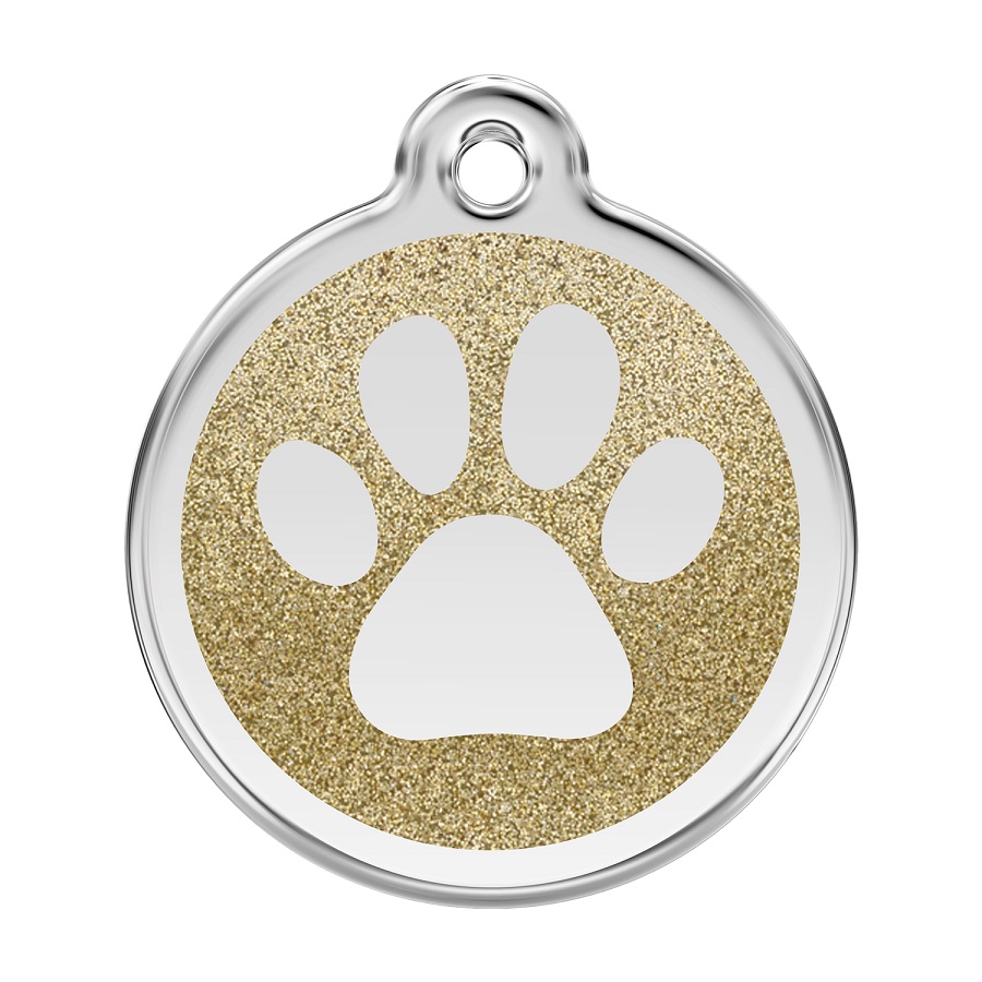 Placa de identificação para cães com estampa de pata brilhante - Dourada