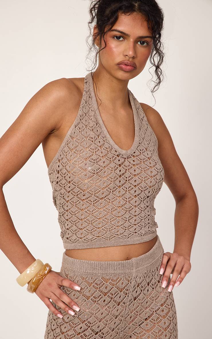Taupe Top Dos-nageur En Maille Crochet