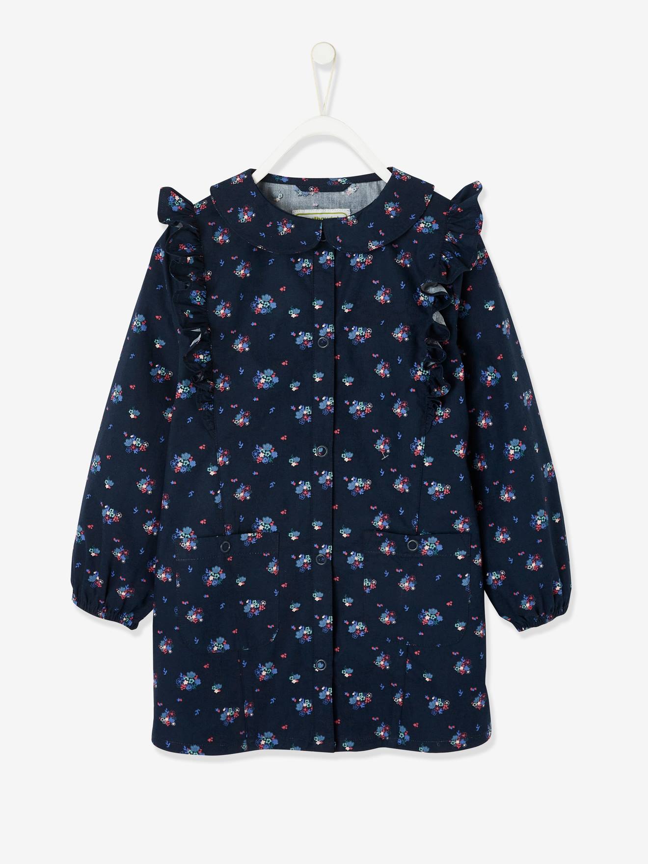 Vestido infantil com babados e estampa floral personalizável para meninas, estampa azul vibrante.