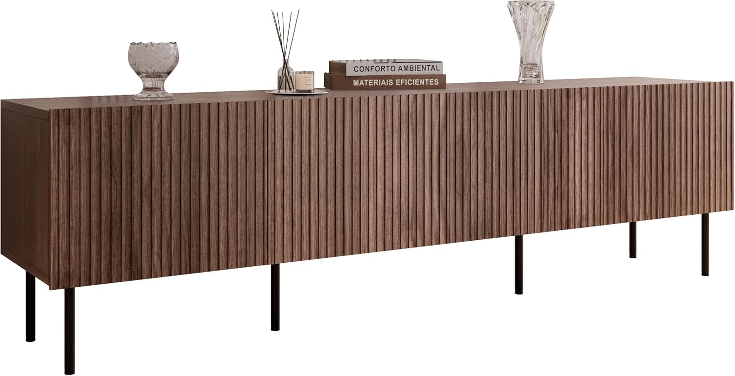 Mirjan24 TV-Lowboard Trigev 200 4D mit 4 Türen, innen 8 Fächer, geriffelte Fronten, Metallfüße, Fernsehschrank, Fernsehtisch, TV Schrank TV Bank (Nuss Warmia)
