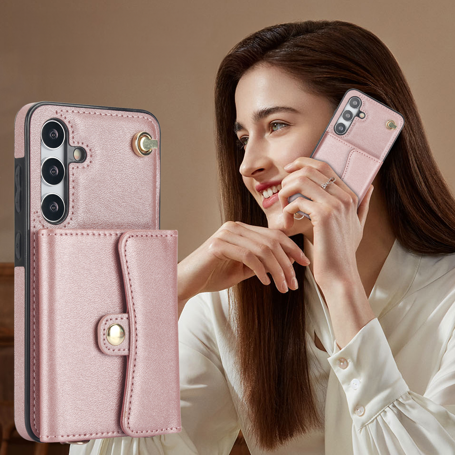 Samsung Galaxy S24 Necklace Leder Schutz Hülle mit Kartenfach   Handykette (140cm) - Roségold