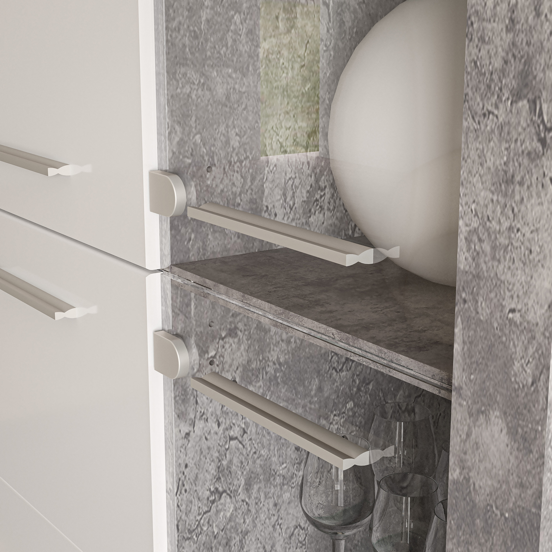 Vitrine - Betonoptik - weiß Hochglanz - mit Beleuchtung