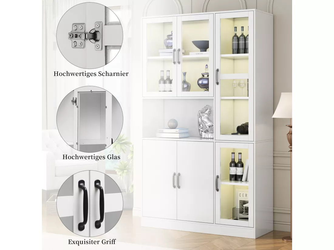 Vitrine Buffet haut 6 portes et 1 compartiment - LEDs - Bois en MDF - Blanc - 120 x 40 x 200 cm