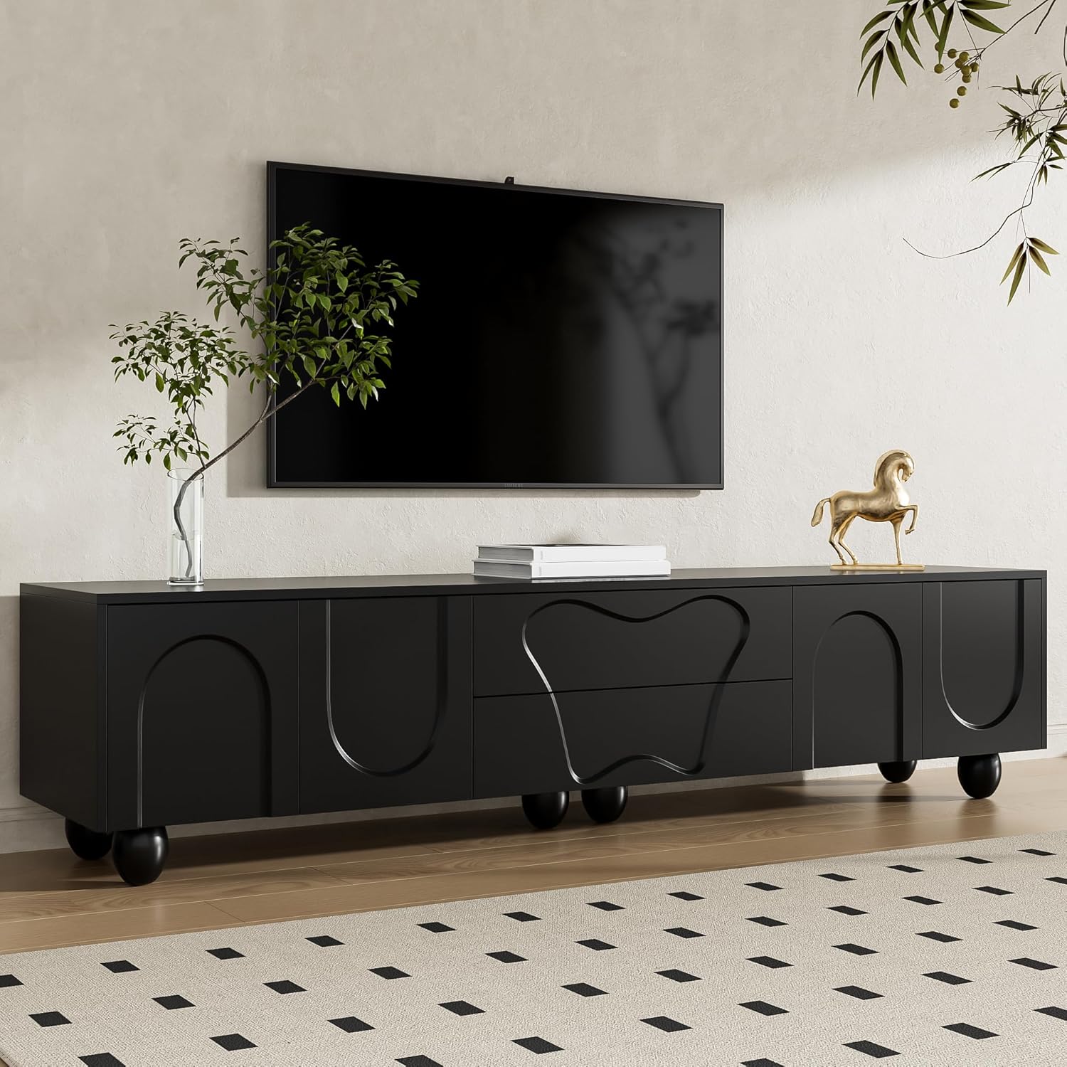 Merax TV-Schrank 180x40x42 cm, mit Holzbeinen, Moderner Fernsehtisch mit großem Stauraum, Schubladen und offenen Fächern, für Wohnzimmer, Schwarz