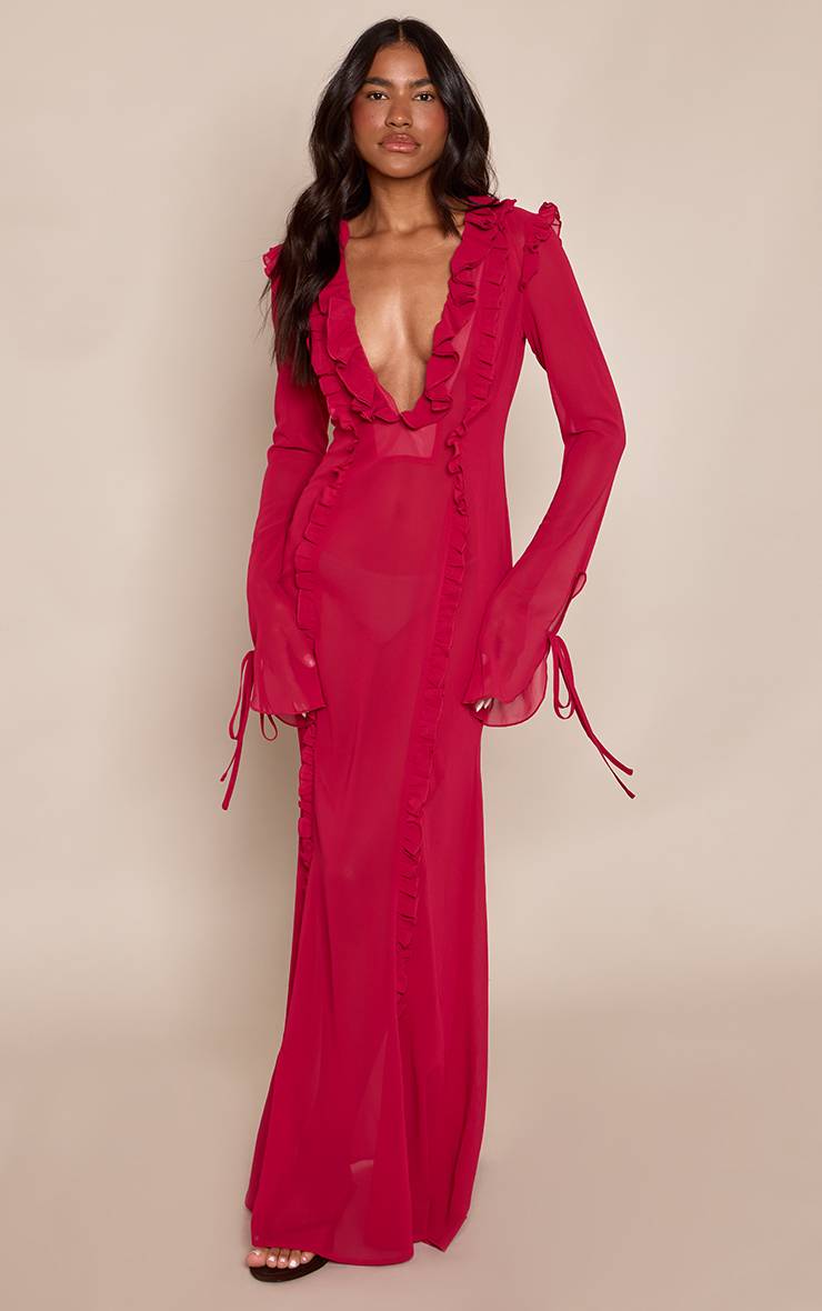 Rose Fuchsia Robe Longue En Mousseline À Manches Longues Avec Détails Volantés Et Décolleté Plongeant