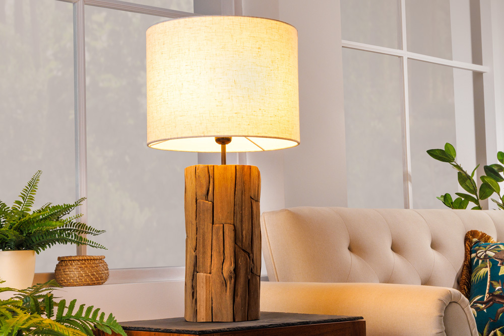 Design Tischlampe ROOTS 60cm Treibholz Leinenschirm beige handmade