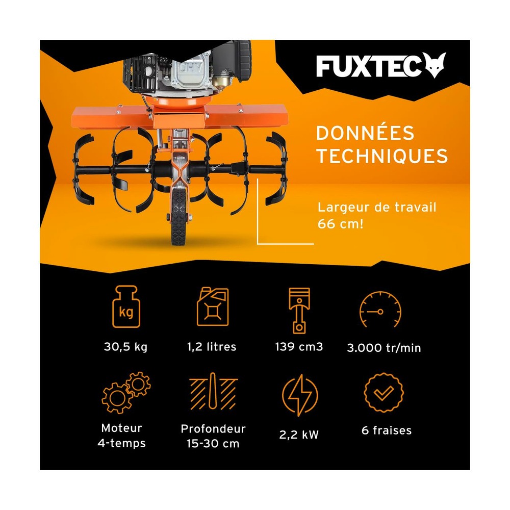 Motoculteur thermique - fx-af1139 - 139cm3 motobineuse set largeur 36 - 66cm max