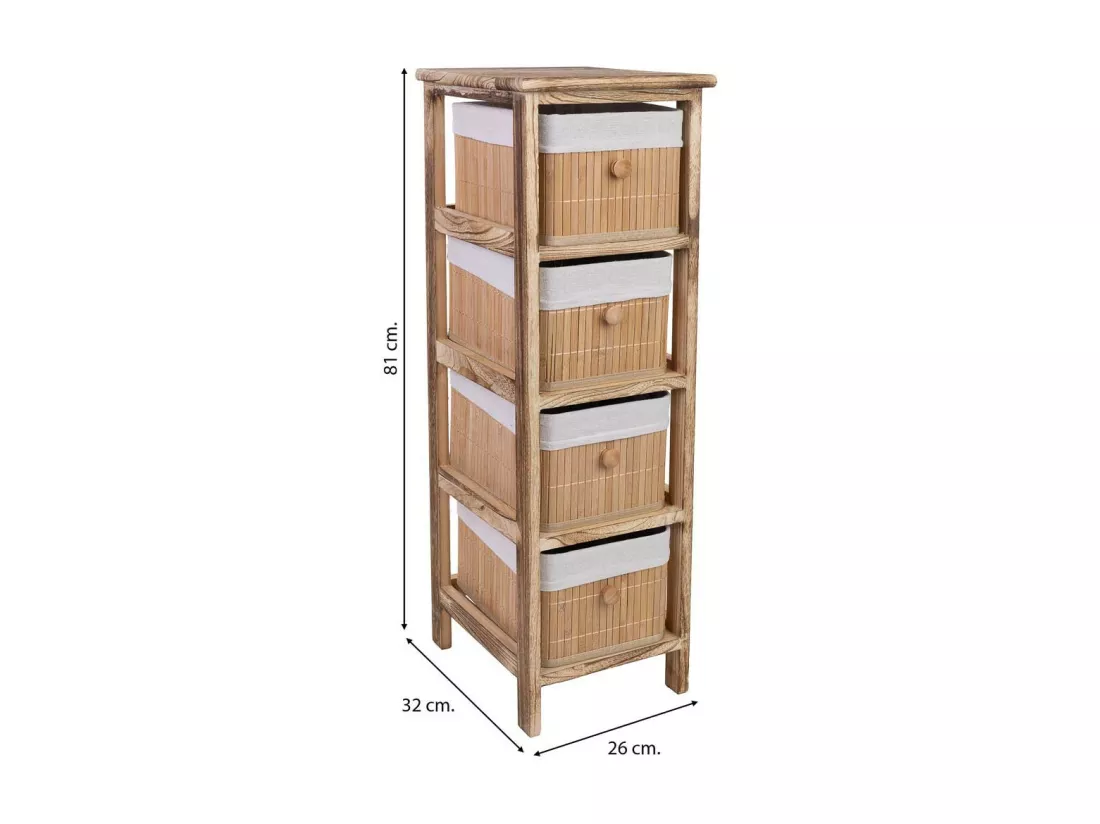 Commode en bois avec 4 tiroirs en bambou doublés 26x32x81