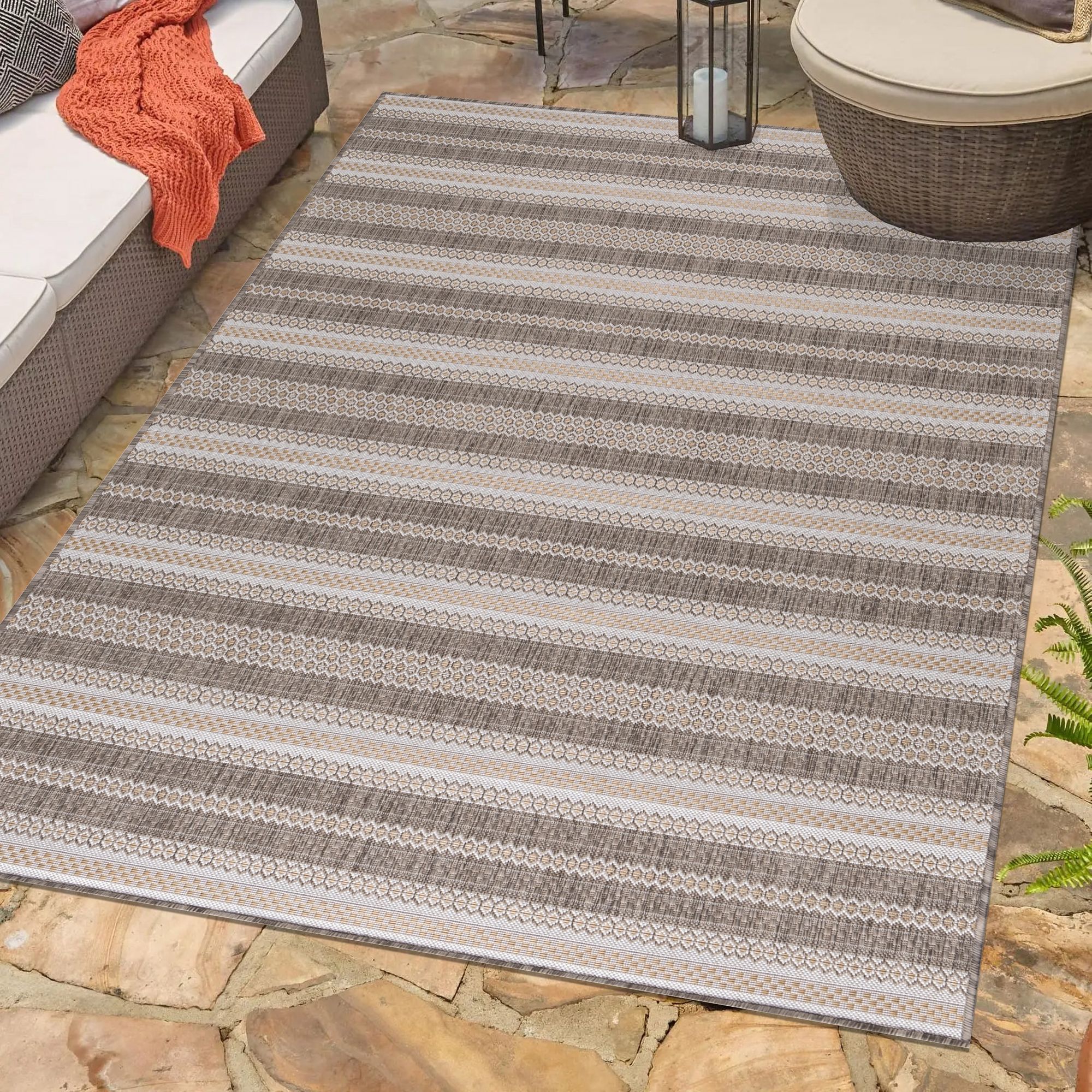 In Outdoor Teppich Beige, Vintage Design, Flachgewebe, Wetterfest