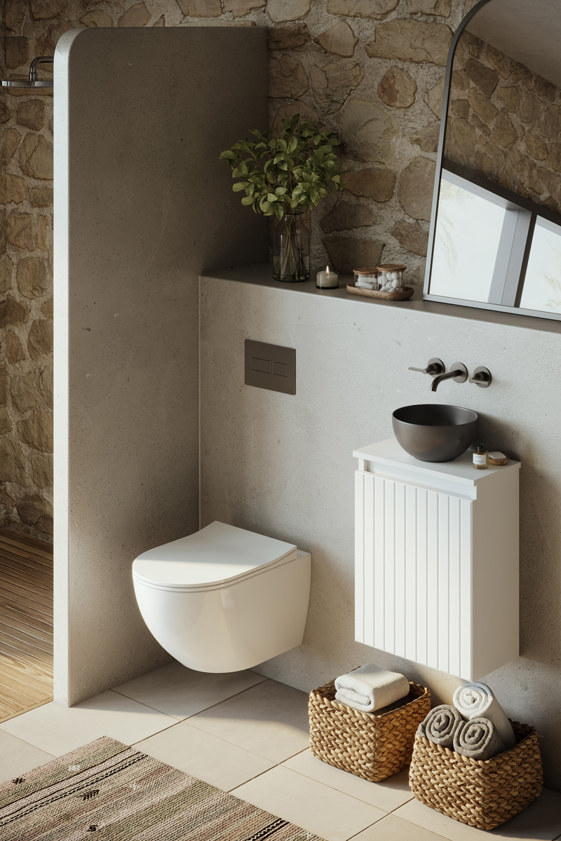 Fontana Bano toiletmeubel ribbelfront mat wit 40x22cm met mat zwarte waskom